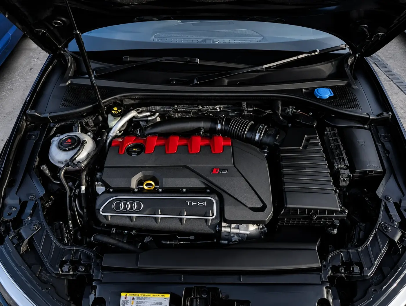 Audi RS3 engine bay after detailing